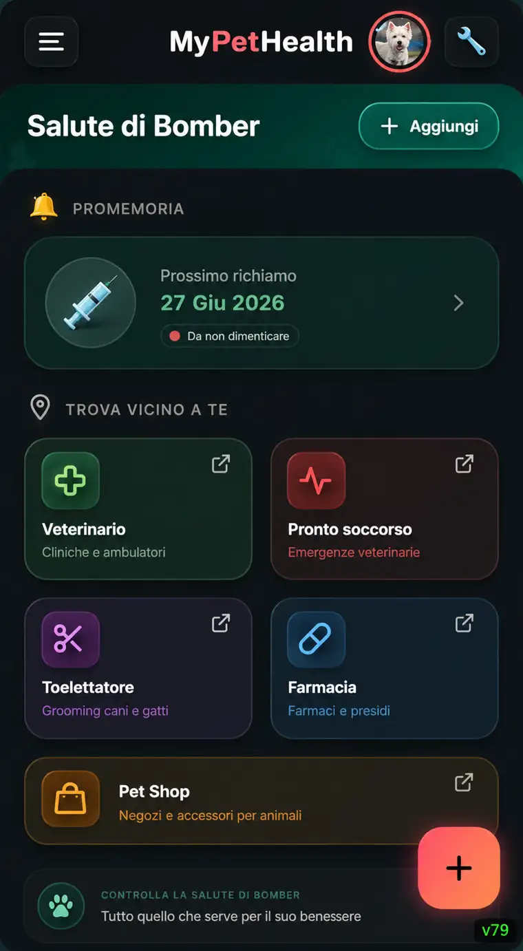 Schermata dell'app MyPetHealth con i contatti veterinari
