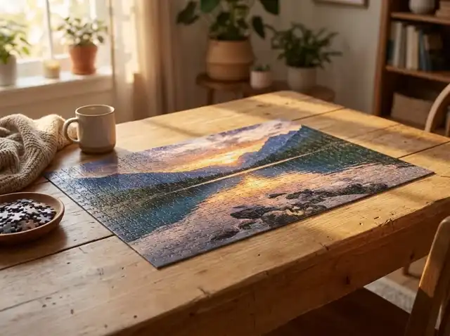Puzzle in legno con un paesaggio, su un tavolo