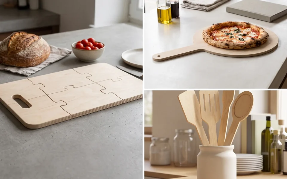 Tagliere a scacchiera, pala e vassoio per la pizza e utensili in legno con il nome inciso, foto generata con IA dalle rese 3D del configuratore WY-COOK