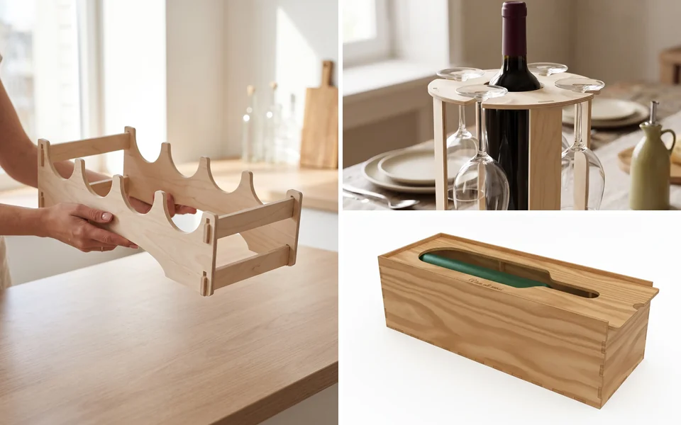 Portabottiglie, astuccio e rack per calici in legno con bottiglie e bicchieri, foto generata con IA dalle rese 3D del configuratore WY-DRINK