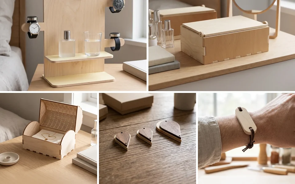 Espositore per orologi e scatola porta-gioie in legno, foto generata con IA dalle rese 3D del configuratore WY-JEWEL
