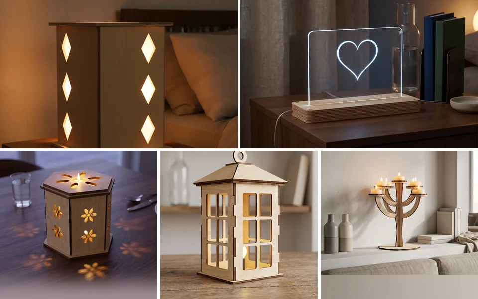 Lampada a fessure, lampada con pannello inciso, portacandele, lanterna da pub e candelabro in legno, foto generata con IA dalle rese 3D del configuratore WY-LIGHT