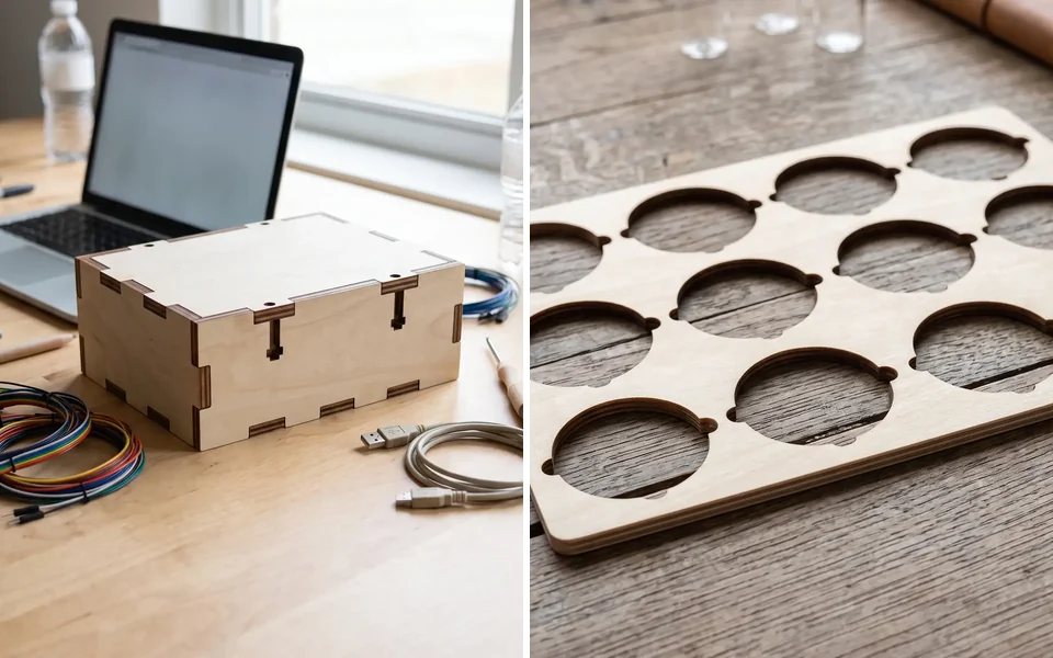 Chassis per elettronica con pannello di controllo e dima di centraggio in legno, foto generata con IA dalle rese 3D del configuratore WY-MAKER
