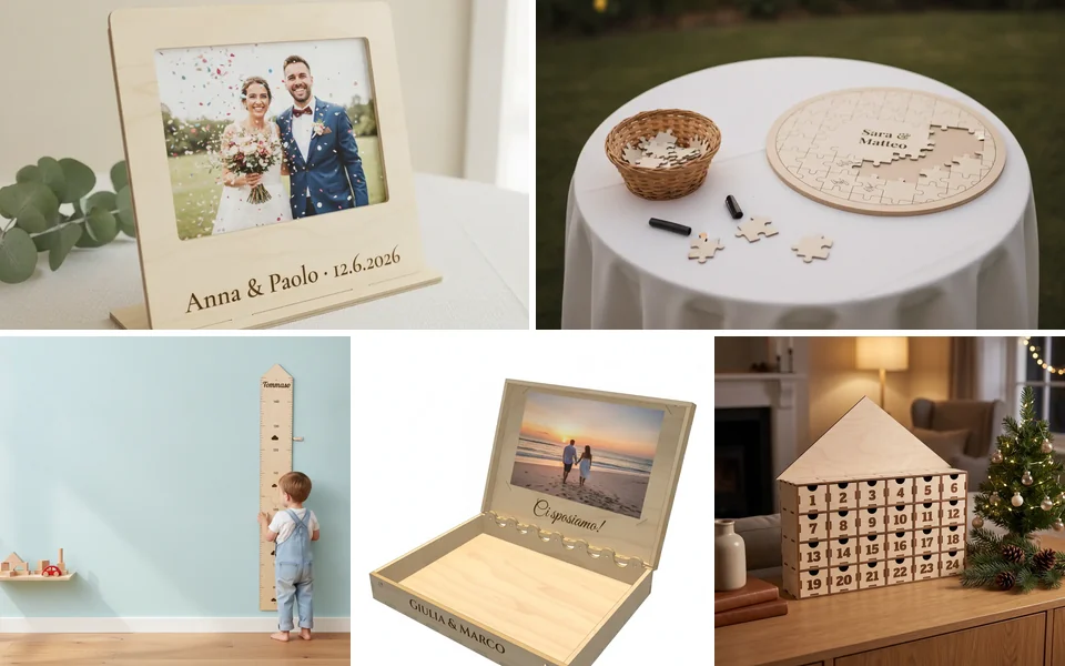 Cornice foto, libro degli ospiti a puzzle, metro di crescita e cofanetto della promessa in legno, foto generata con IA dalle rese 3D del configuratore WY-MEMORY
