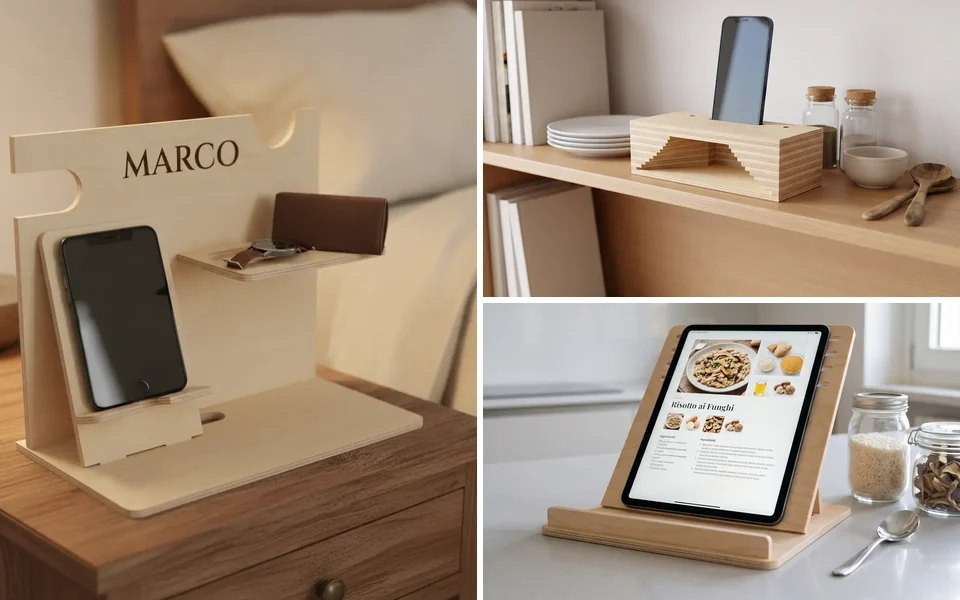 Docking station, cassa armonica per smartphone e leggio per tablet in legno, foto generata con IA dalle rese 3D del configuratore WY-MOBILE