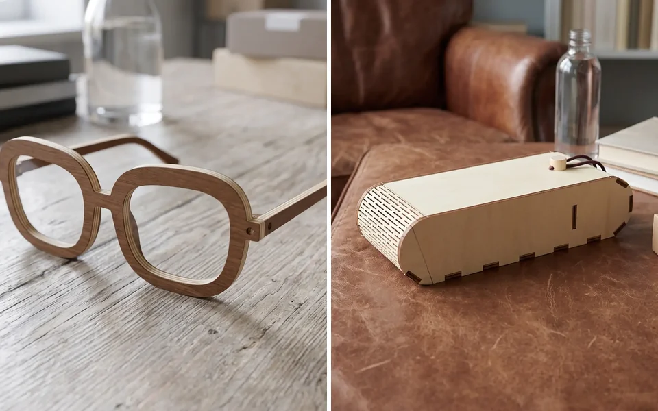 Occhiali in legno, astuccio porta tabacco a cerniera vivente e posacenere a cilindro con il cestello in acciaio, foto generata con IA dalle rese 3D del configuratore WY-MOOD
