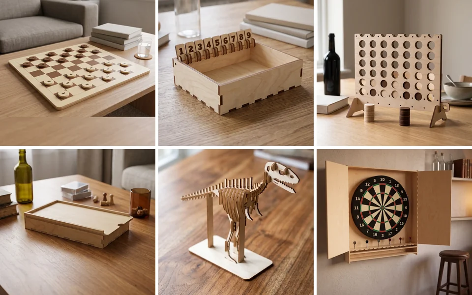 Dama in legno, vassoio da gioco e scheletro di T-rex, foto generata con IA dalle rese 3D del configuratore WY-PLAY