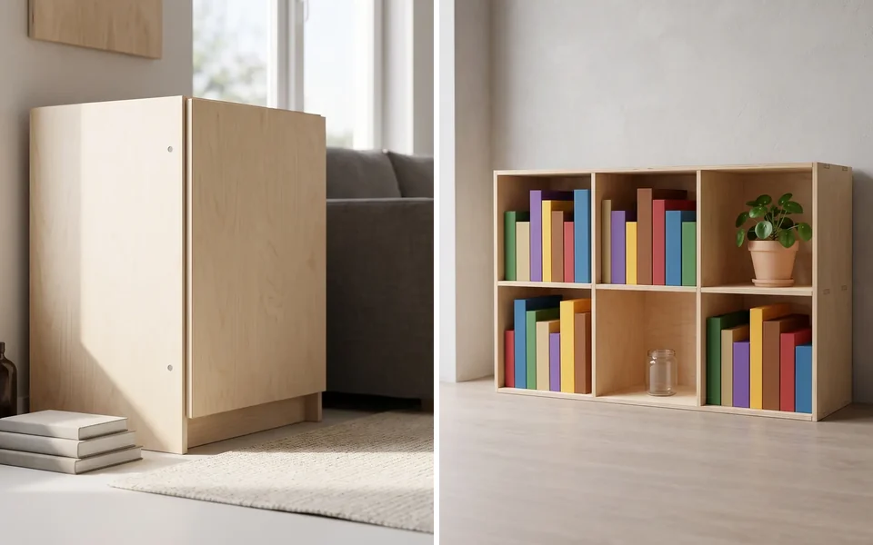 Credenza per CNC e scaffale flat-pack in legno, foto generata con IA dalle rese 3D del configuratore WY-ROOM