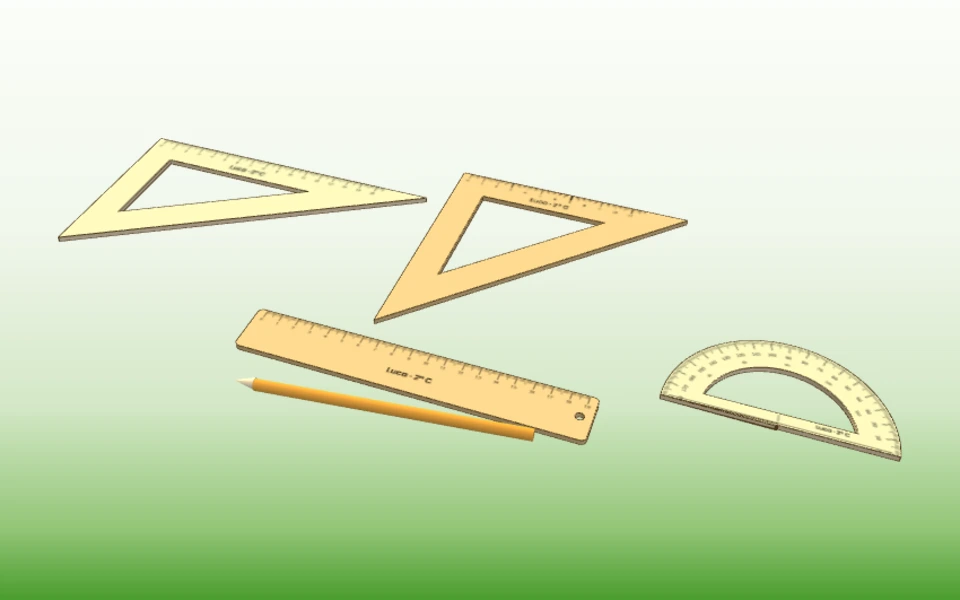 Righello, goniometro e squadre in legno con le scale incise e il nome, resa in 3D del configuratore