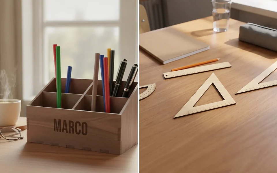 Portapenne a vani e set di geometria in legno con il nome inciso, foto generata con IA dalle rese 3D del configuratore WY-SCHOOL