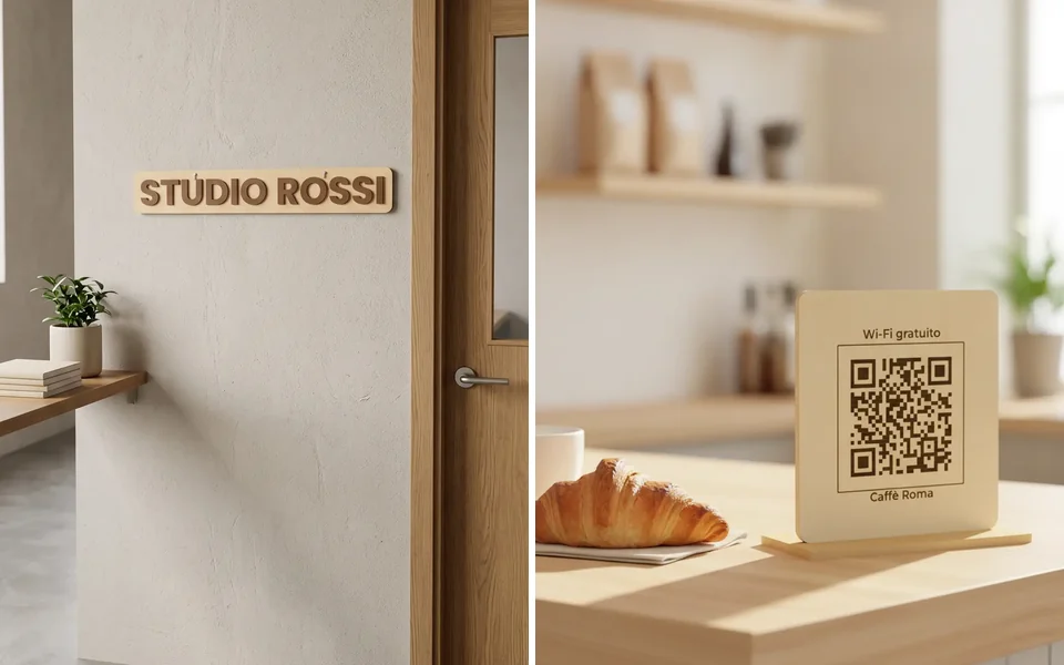 Insegna in legno con luce LED e cartello QR da tavolo, foto generata con IA dalle rese 3D del configuratore WY-SHOP