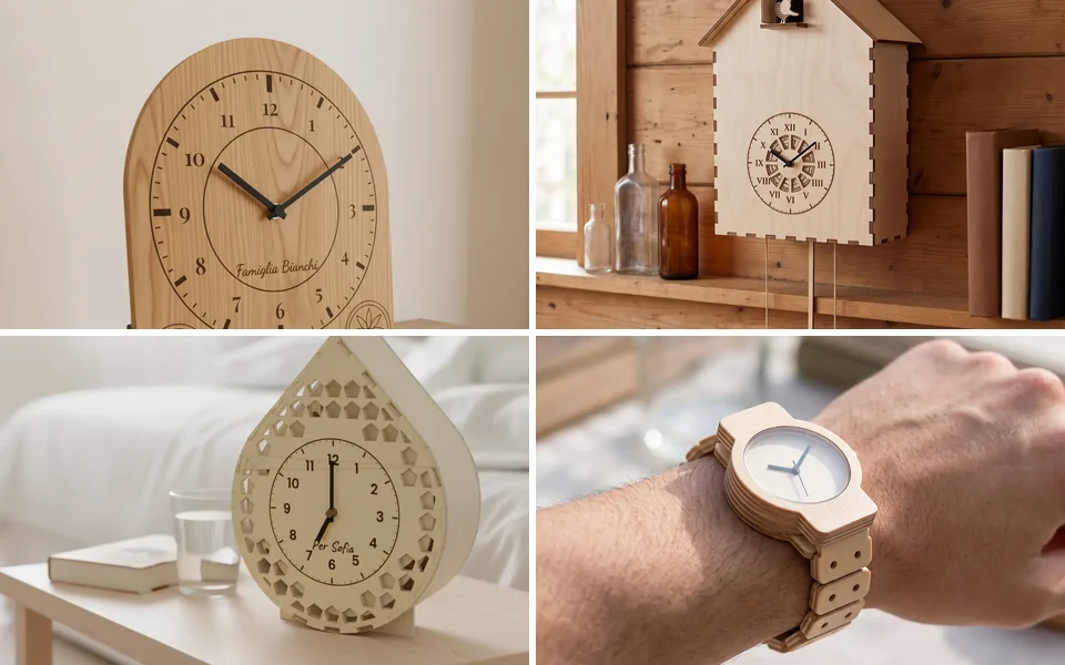 Orologio da credenza, orologio a cucù e sveglia in legno, foto generata con IA dalle rese 3D del configuratore WY-TIME