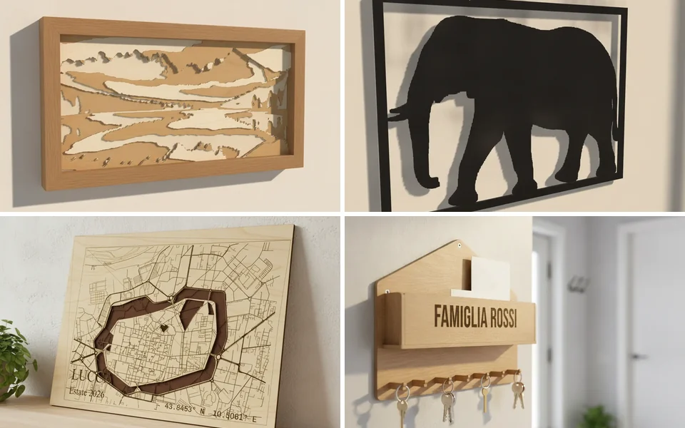 Quadro in legno a strati, quadro wireframe con un cervo, mappa della città in legno e portachiavi da parete, foto generata con IA dalle rese 3D del configuratore WY-WALL