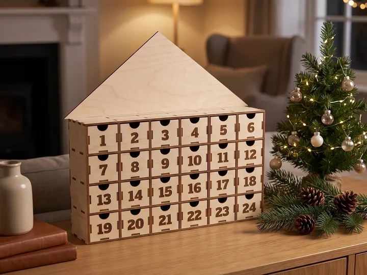 Calendario dell’avvento in legno a casetta con 24 cassettini numerati, accanto a un piccolo albero di Natale (immagine generata con AI)