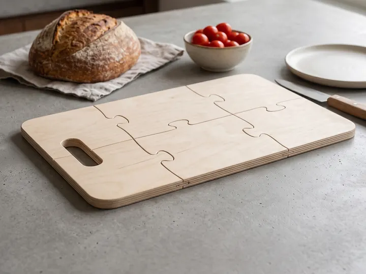 Tagliere puzzle in legno in cucina con pane e pomodori (immagine generata con AI)
