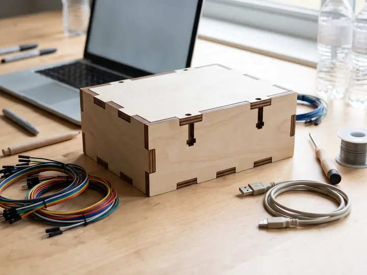 Chassis in legno per elettronica sulla scrivania accanto al portatile (immagine generata con AI)