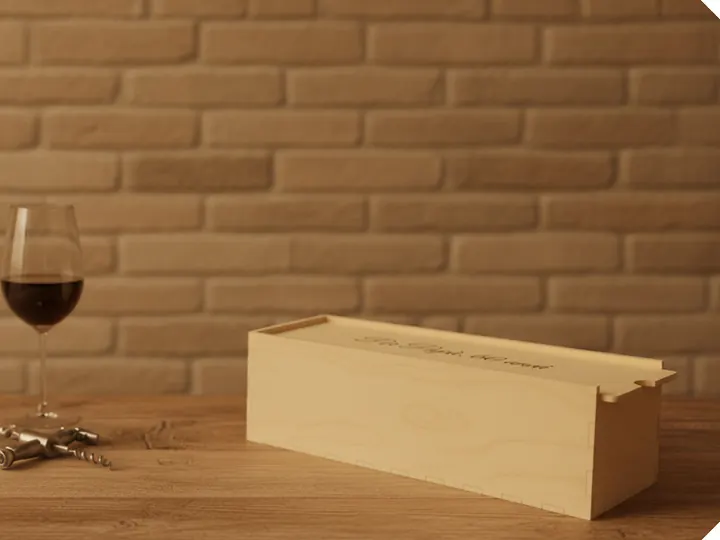 Astuccio per bottiglia in legno inciso, sul tavolo con il calice (immagine generata con AI)