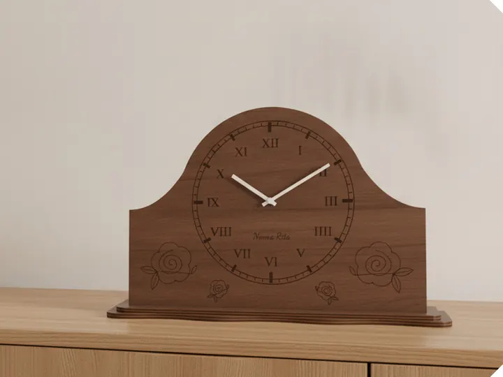 Orologio da credenza in noce con il quadrante inciso (immagine generata con AI)