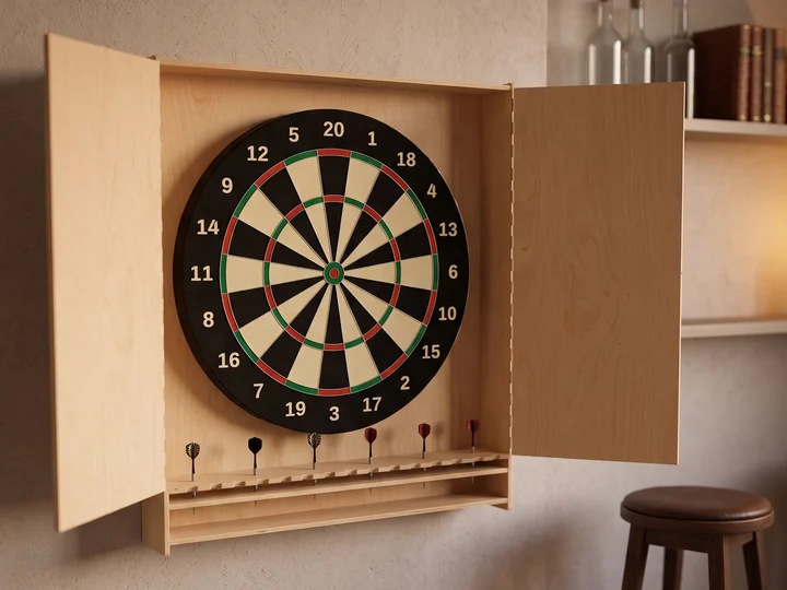 Mobiletto per freccette in legno appeso al muro, ante aperte sul bersaglio e freccette sulla mensola (immagine generata con AI)