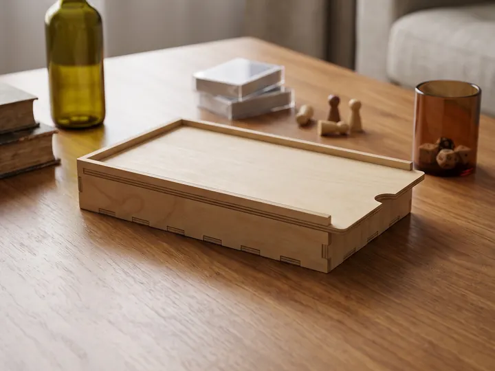 Vassoio da gioco in legno sul tavolo del soggiorno (immagine generata con AI)