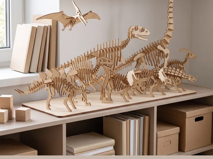 Scheletri di dinosauro in legno sulla mensola (immagine generata con AI)