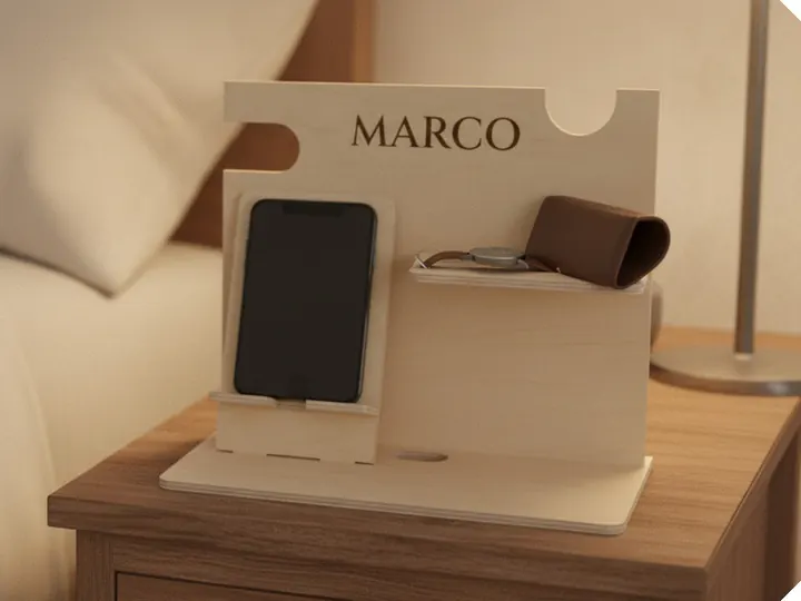Docking station in legno con telefono e orologio, sul comodino (immagine generata con AI)