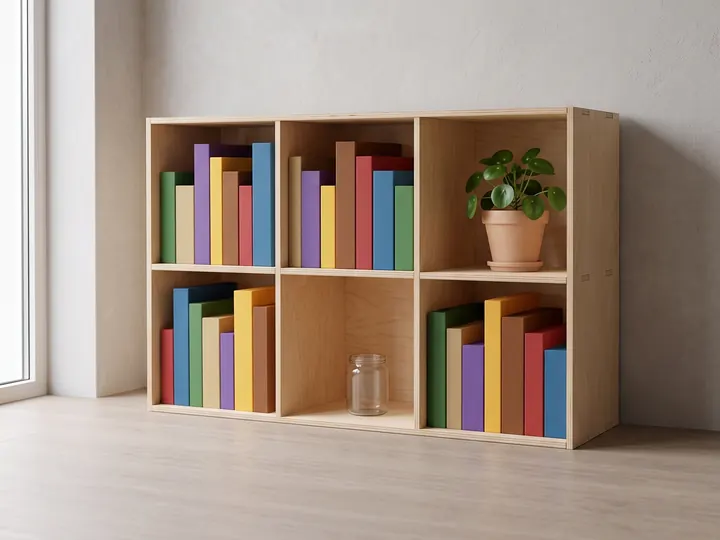 Scaffale a incastro in legno con i libri colorati (immagine generata con AI)