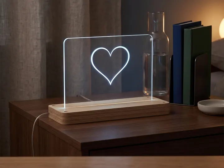 Lampada con pannello inciso a cuore, accesa sul comodino (immagine generata con AI)