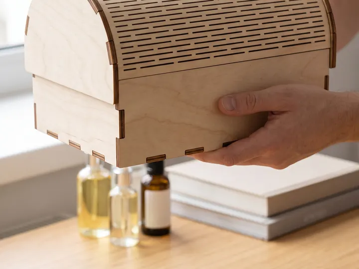 Cofanetto a baule in legno con la volta a cerniera vivente, aperto da una mano (immagine generata con AI)