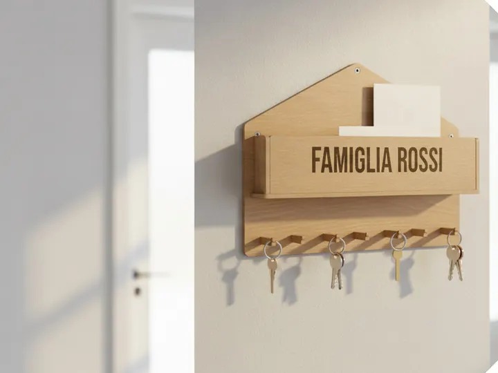 Portachiavi da parete in legno con il nome della famiglia (immagine generata con AI)