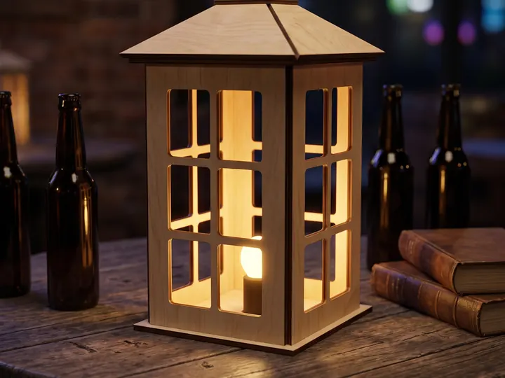 Lanterna in legno accesa sul tavolo del pub (immagine generata con AI)