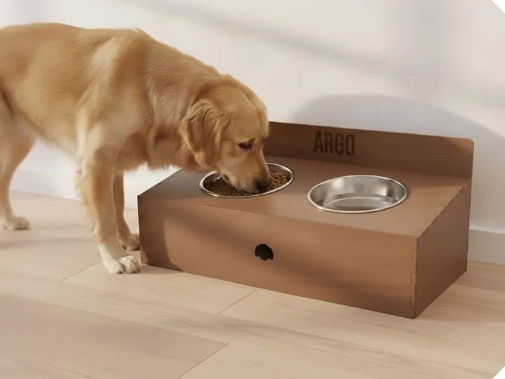 Porta-ciotole in legno con il cane che mangia (immagine generata con AI)