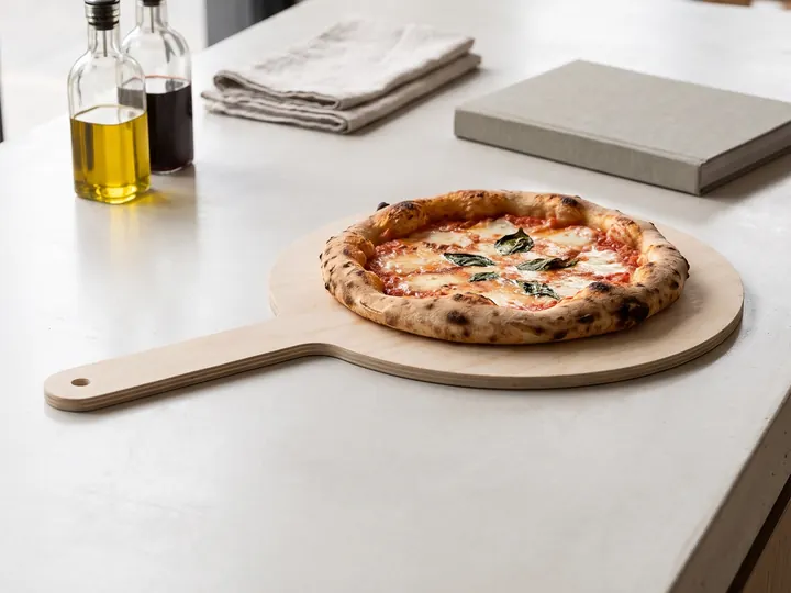 Pala in legno con la pizza, in cucina (immagine generata con AI)