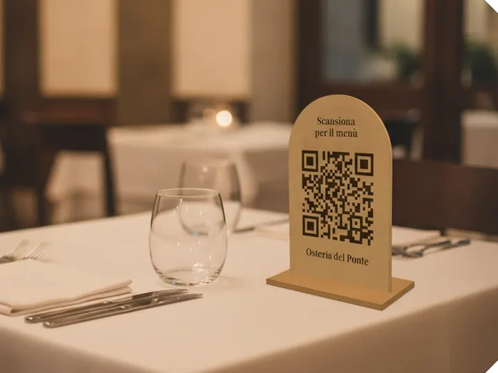 Cartello QR in legno sul tavolo del ristorante (immagine generata con AI)