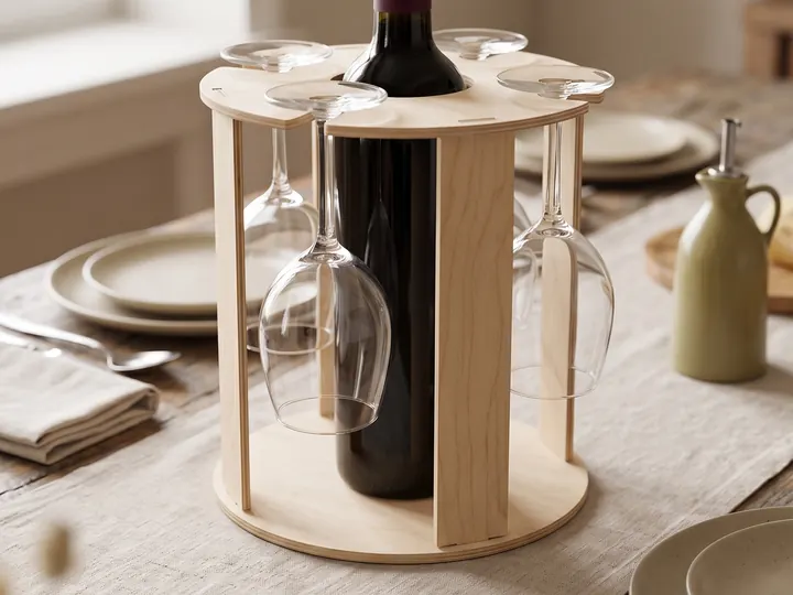 Rack in legno con bottiglia e calici sulla tavola (immagine generata con AI)
