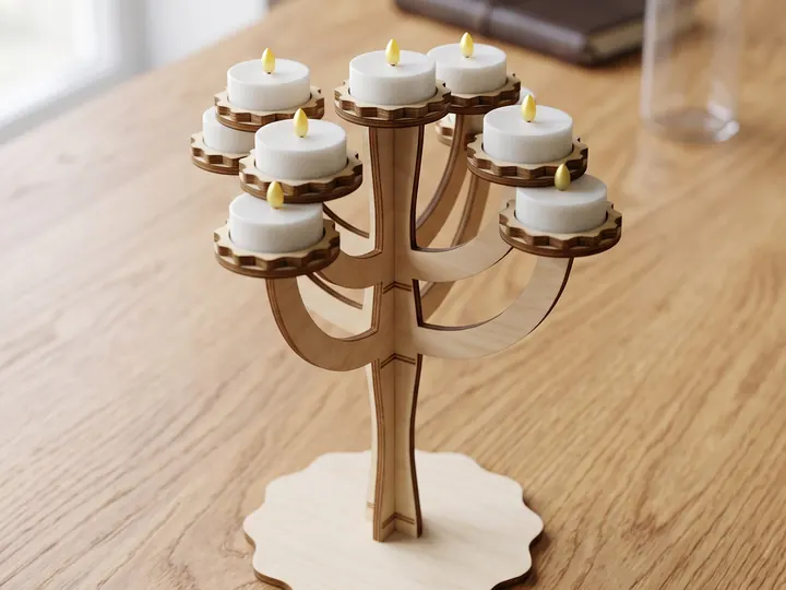 Candelabro in legno con le candele a LED sul tavolo (immagine generata con AI)