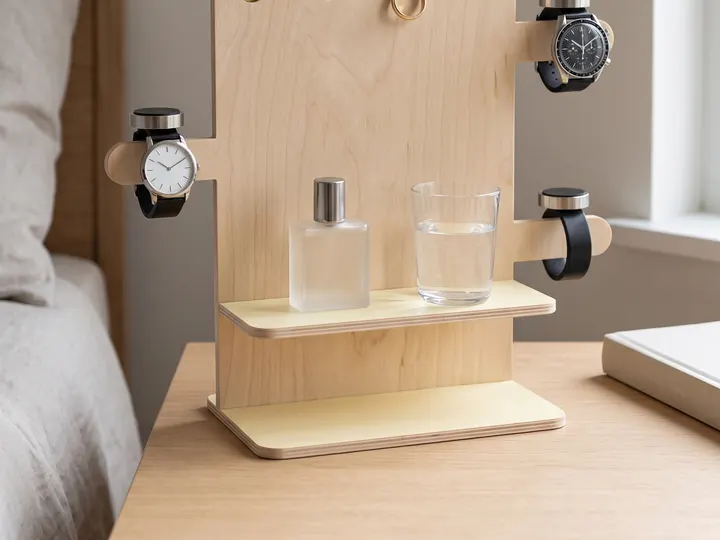 Espositore in legno con orologi e profumi sul comò (immagine generata con AI)