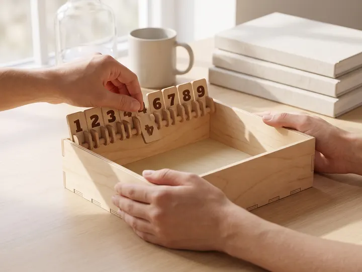 Chiudi la scatola in legno con le tessere numerate, mani che giocano sul tavolo (immagine generata con AI)