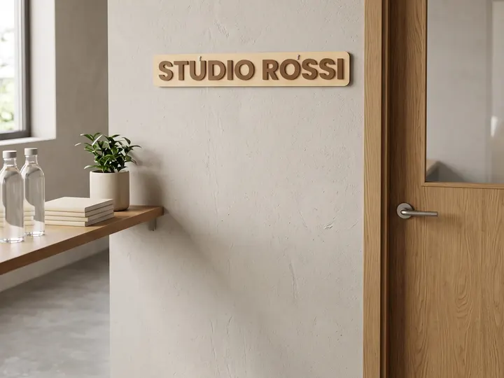 Insegna in legno con lettere a rilievo accanto alla porta (immagine generata con AI)