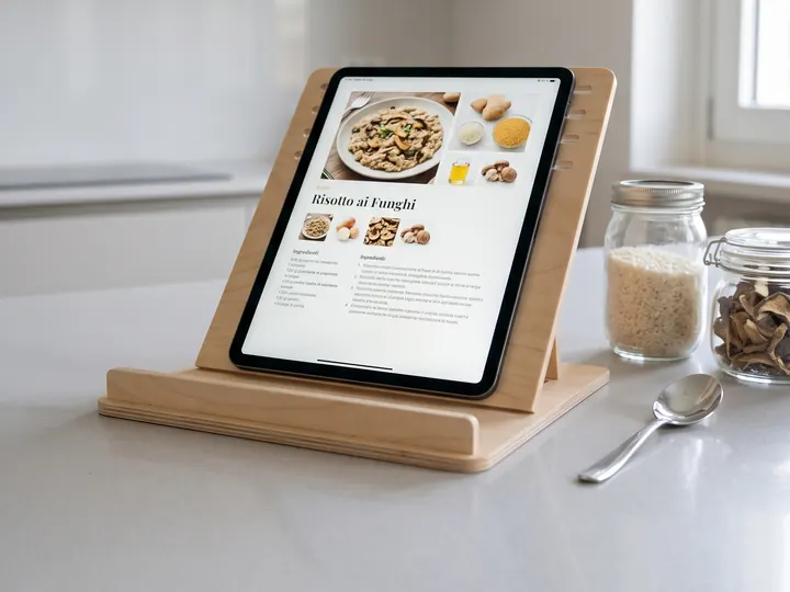 Leggio in legno con il tablet e la ricetta, in cucina (immagine generata con AI)