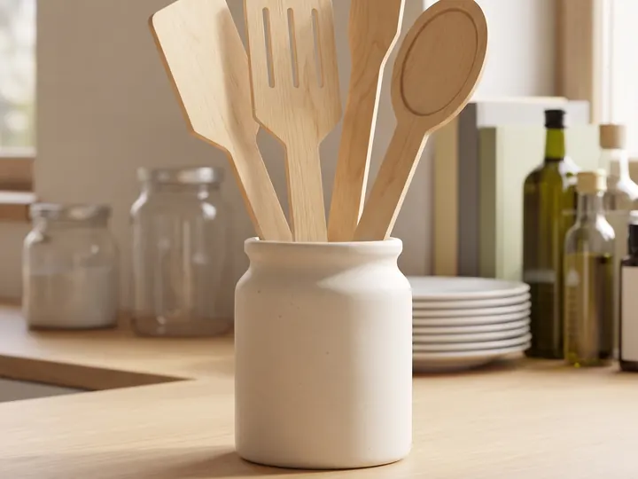 Utensili da cucina in legno nel barattolo (immagine generata con AI)