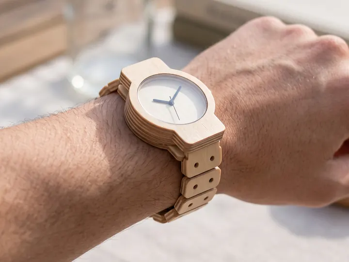 Orologio da polso con cassa e cinturino in legno (immagine generata con AI)
