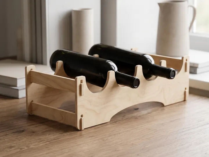 Portabottiglie in legno a incastro con due bottiglie (immagine generata con AI)