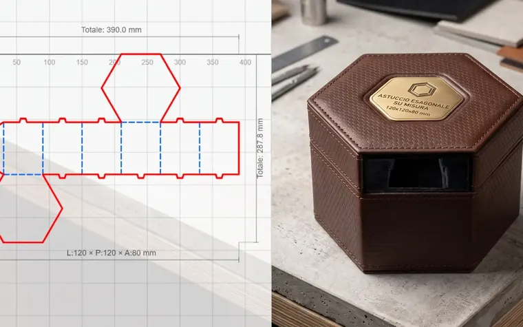 Fustella esagonale di BoxForge accanto alla scatola in pelle montata (immagine generata con AI)