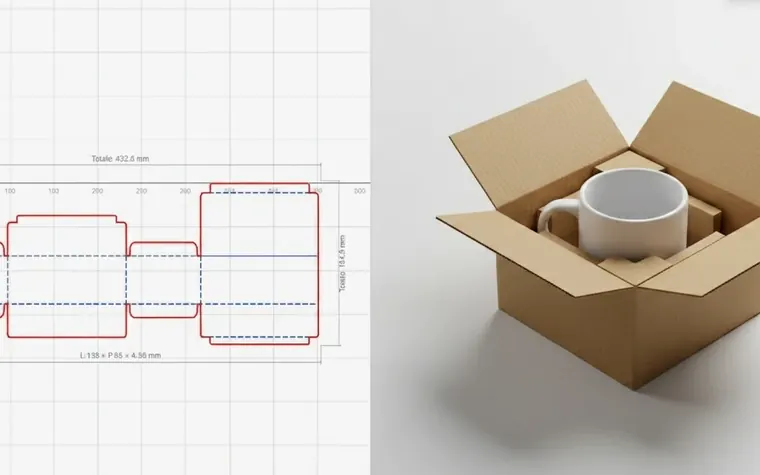 Fustella di una scatola in cartone accanto alla scatola aperta con una tazza dentro (immagine generata con AI)