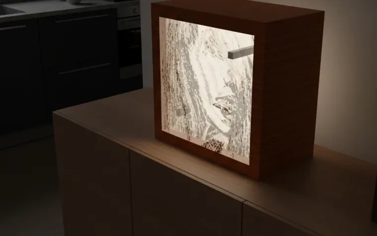 Quadro a strati retroilluminato in una cornice di legno, fatto con LayerForge (immagine generata con AI)