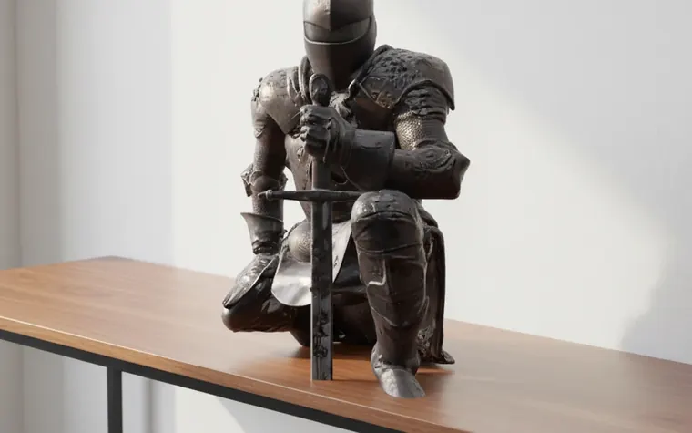 Statuina di un cavaliere in armatura su una console, modello 3D di MeshForge (immagine generata con AI)