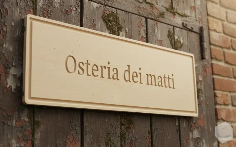 Targa in legno incisa «Osteria dei matti» su un muro di mattoni, fatta con PlateForge (immagine generata con AI)