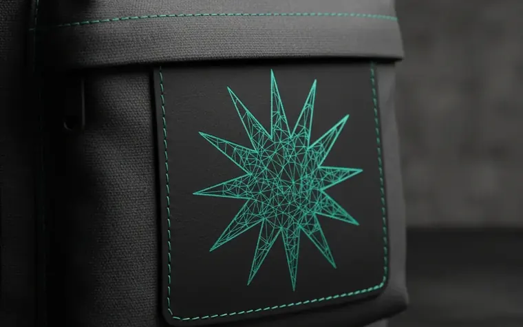 Stella geometrica verde ricamata su una borsa nera, disegno di PolyForge (immagine generata con AI)