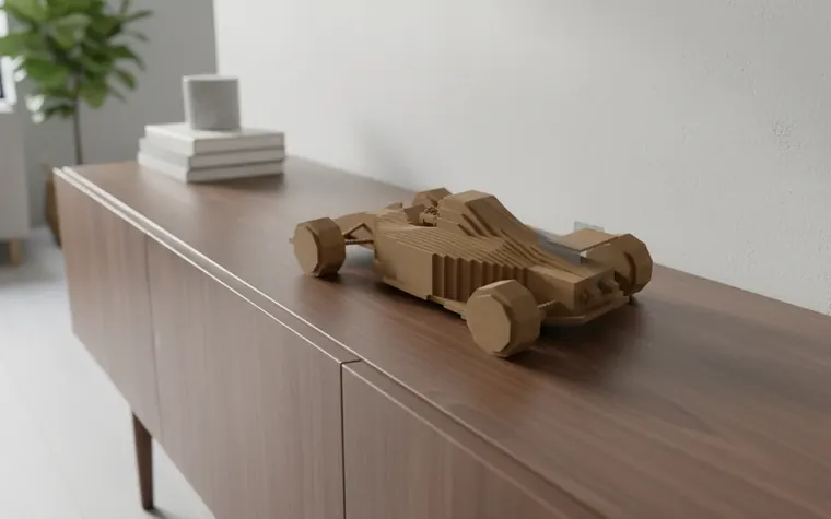 Automobile in legno a fette su un mobile, fatta con SliceForge (immagine generata con AI)